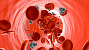 Illustration of red blood cells and glucose molecules moving through a vein