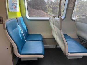 Blue seats of a BART train, Bay Area Rapid Transit
